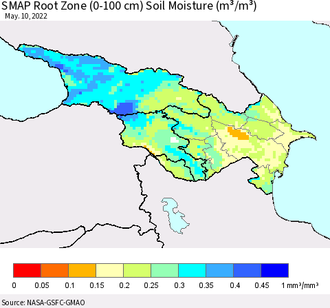 Azerbaijan, Armenia and Georgia SMAP Root Zone (0-100 cm) Soil Moisture (m³/m³) Thematic Map For 5/6/2022 - 5/10/2022