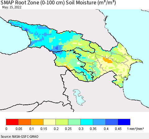 Azerbaijan, Armenia and Georgia SMAP Root Zone (0-100 cm) Soil Moisture (m³/m³) Thematic Map For 5/11/2022 - 5/15/2022