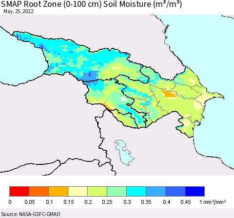 Azerbaijan, Armenia and Georgia SMAP Root Zone (0-100 cm) Soil Moisture (m³/m³) Thematic Map For 5/21/2022 - 5/25/2022