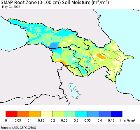 Azerbaijan, Armenia and Georgia SMAP Root Zone (0-100 cm) Soil Moisture (m³/m³) Thematic Map For 5/26/2022 - 5/31/2022