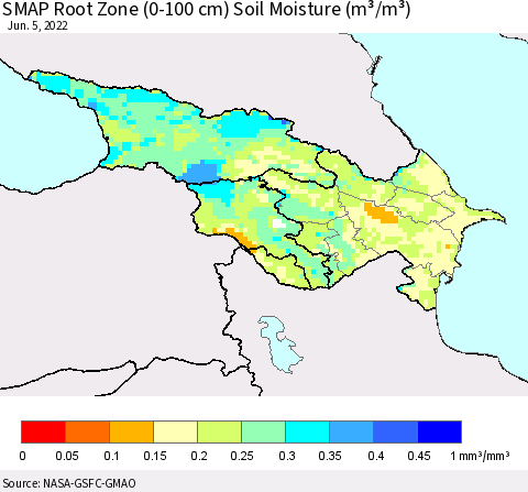 Azerbaijan, Armenia and Georgia SMAP Root Zone (0-100 cm) Soil Moisture (m³/m³) Thematic Map For 6/1/2022 - 6/5/2022