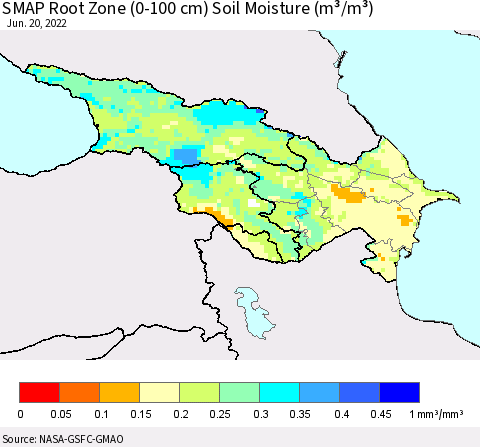 Azerbaijan, Armenia and Georgia SMAP Root Zone (0-100 cm) Soil Moisture (m³/m³) Thematic Map For 6/16/2022 - 6/20/2022