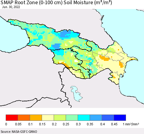 Azerbaijan, Armenia and Georgia SMAP Root Zone (0-100 cm) Soil Moisture (m³/m³) Thematic Map For 6/26/2022 - 6/30/2022