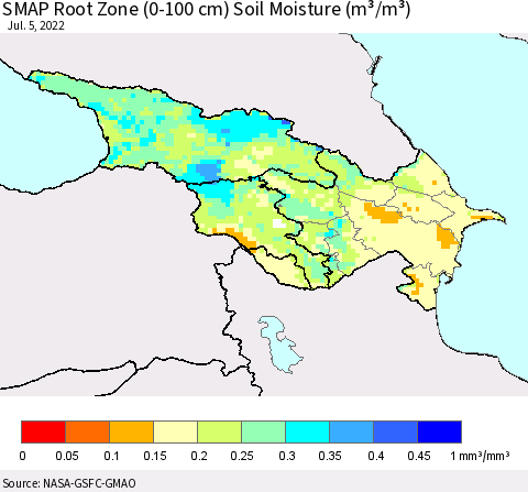 Azerbaijan, Armenia and Georgia SMAP Root Zone (0-100 cm) Soil Moisture (m³/m³) Thematic Map For 7/1/2022 - 7/5/2022