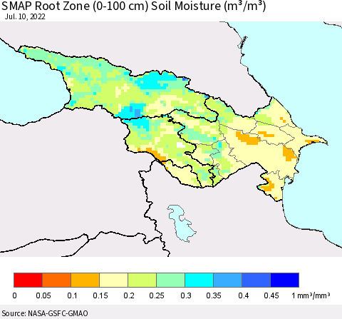 Azerbaijan, Armenia and Georgia SMAP Root Zone (0-100 cm) Soil Moisture (m³/m³) Thematic Map For 7/6/2022 - 7/10/2022