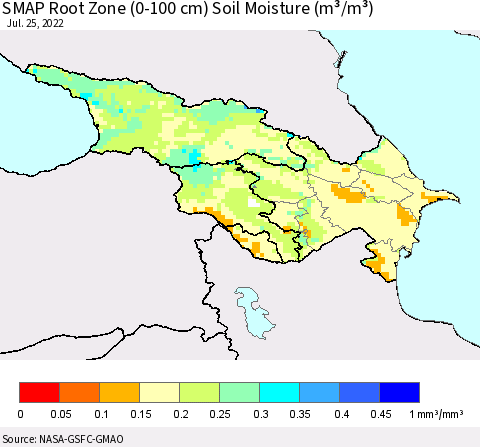 Azerbaijan, Armenia and Georgia SMAP Root Zone (0-100 cm) Soil Moisture (m³/m³) Thematic Map For 7/21/2022 - 7/25/2022