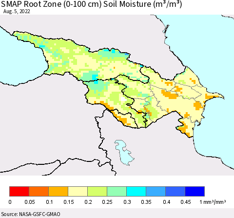 Azerbaijan, Armenia and Georgia SMAP Root Zone (0-100 cm) Soil Moisture (m³/m³) Thematic Map For 8/1/2022 - 8/5/2022