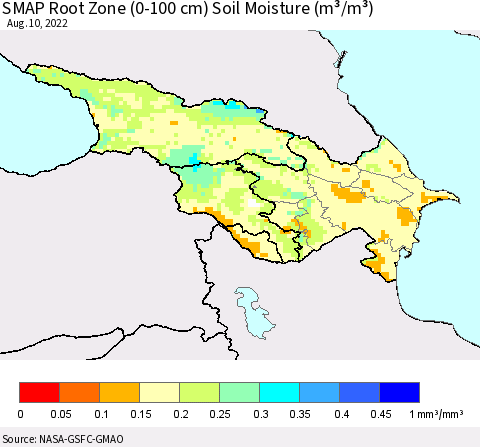 Azerbaijan, Armenia and Georgia SMAP Root Zone (0-100 cm) Soil Moisture (m³/m³) Thematic Map For 8/6/2022 - 8/10/2022