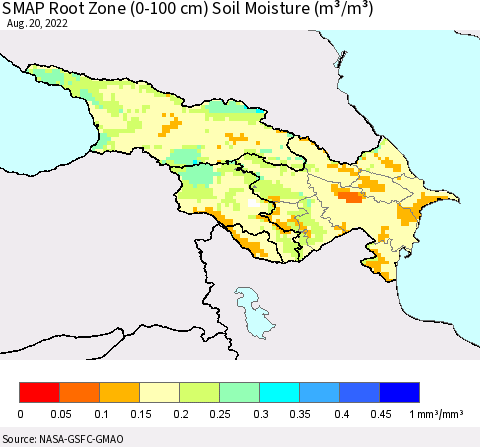Azerbaijan, Armenia and Georgia SMAP Root Zone (0-100 cm) Soil Moisture (m³/m³) Thematic Map For 8/16/2022 - 8/20/2022