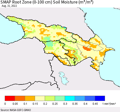 Azerbaijan, Armenia and Georgia SMAP Root Zone (0-100 cm) Soil Moisture (m³/m³) Thematic Map For 8/26/2022 - 8/31/2022