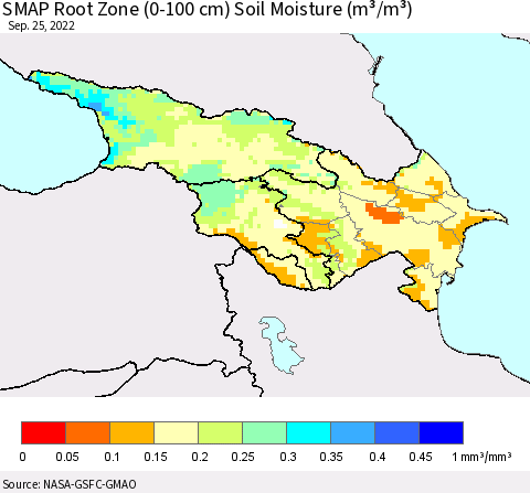 Azerbaijan, Armenia and Georgia SMAP Root Zone (0-100 cm) Soil Moisture (m³/m³) Thematic Map For 9/21/2022 - 9/25/2022