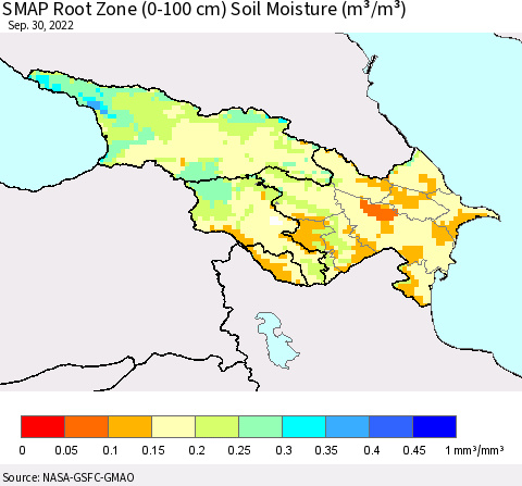 Azerbaijan, Armenia and Georgia SMAP Root Zone (0-100 cm) Soil Moisture (m³/m³) Thematic Map For 9/26/2022 - 9/30/2022