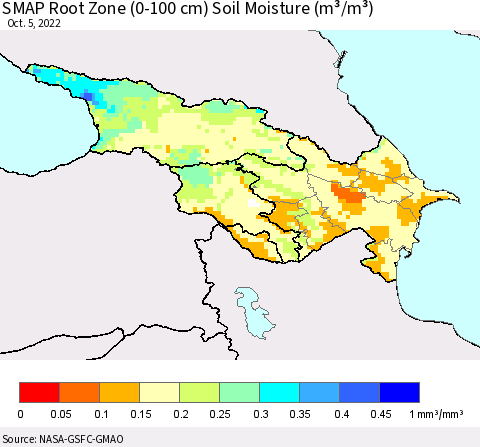 Azerbaijan, Armenia and Georgia SMAP Root Zone (0-100 cm) Soil Moisture (m³/m³) Thematic Map For 10/1/2022 - 10/5/2022