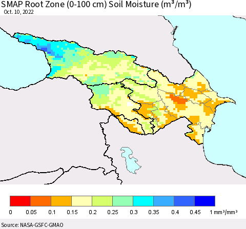 Azerbaijan, Armenia and Georgia SMAP Root Zone (0-100 cm) Soil Moisture (m³/m³) Thematic Map For 10/6/2022 - 10/10/2022