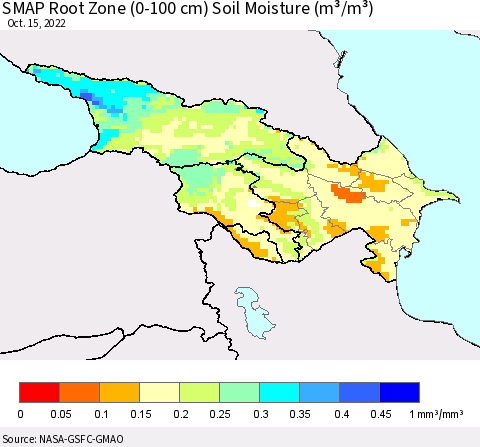 Azerbaijan, Armenia and Georgia SMAP Root Zone (0-100 cm) Soil Moisture (m³/m³) Thematic Map For 10/11/2022 - 10/15/2022