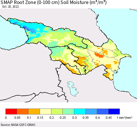 Azerbaijan, Armenia and Georgia SMAP Root Zone (0-100 cm) Soil Moisture (m³/m³) Thematic Map For 10/16/2022 - 10/20/2022