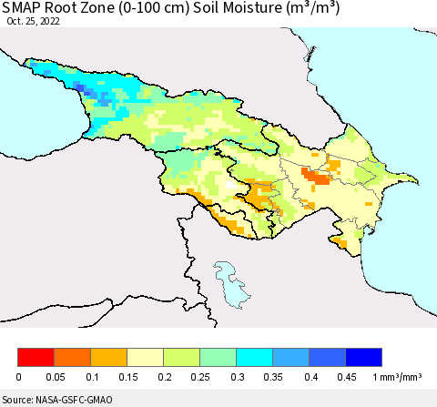 Azerbaijan, Armenia and Georgia SMAP Root Zone (0-100 cm) Soil Moisture (m³/m³) Thematic Map For 10/21/2022 - 10/25/2022