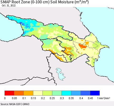 Azerbaijan, Armenia and Georgia SMAP Root Zone (0-100 cm) Soil Moisture (m³/m³) Thematic Map For 10/26/2022 - 10/31/2022