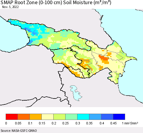 Azerbaijan, Armenia and Georgia SMAP Root Zone (0-100 cm) Soil Moisture (m³/m³) Thematic Map For 11/1/2022 - 11/5/2022