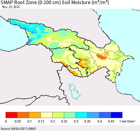 Azerbaijan, Armenia and Georgia SMAP Root Zone (0-100 cm) Soil Moisture (m³/m³) Thematic Map For 11/6/2022 - 11/10/2022
