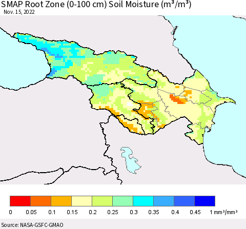 Azerbaijan, Armenia and Georgia SMAP Root Zone (0-100 cm) Soil Moisture (m³/m³) Thematic Map For 11/11/2022 - 11/15/2022