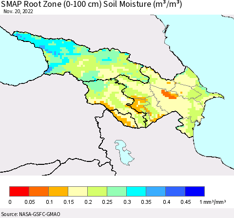 Azerbaijan, Armenia and Georgia SMAP Root Zone (0-100 cm) Soil Moisture (m³/m³) Thematic Map For 11/16/2022 - 11/20/2022