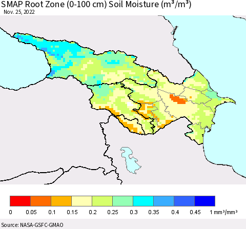 Azerbaijan, Armenia and Georgia SMAP Root Zone (0-100 cm) Soil Moisture (m³/m³) Thematic Map For 11/21/2022 - 11/25/2022