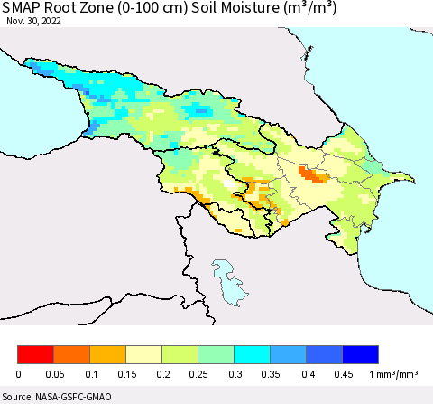 Azerbaijan, Armenia and Georgia SMAP Root Zone (0-100 cm) Soil Moisture (m³/m³) Thematic Map For 11/26/2022 - 11/30/2022