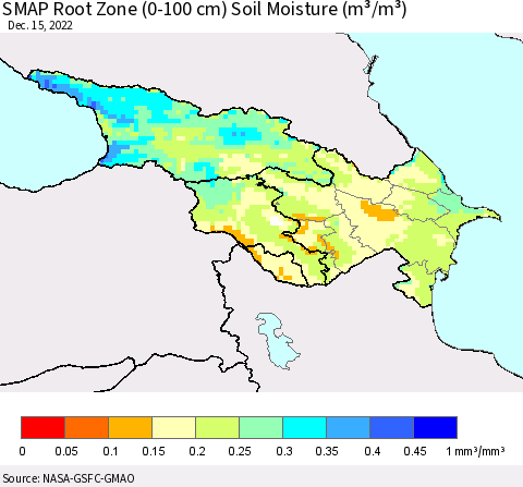 Azerbaijan, Armenia and Georgia SMAP Root Zone (0-100 cm) Soil Moisture (m³/m³) Thematic Map For 12/11/2022 - 12/15/2022