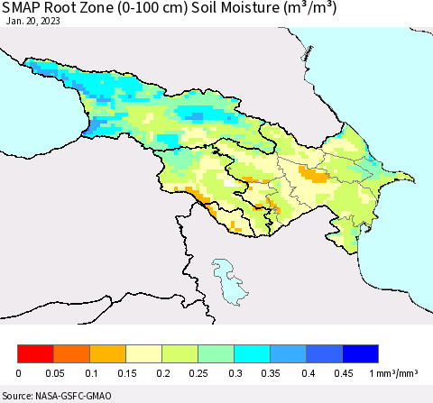 Azerbaijan, Armenia and Georgia SMAP Root Zone (0-100 cm) Soil Moisture (m³/m³) Thematic Map For 1/16/2023 - 1/20/2023