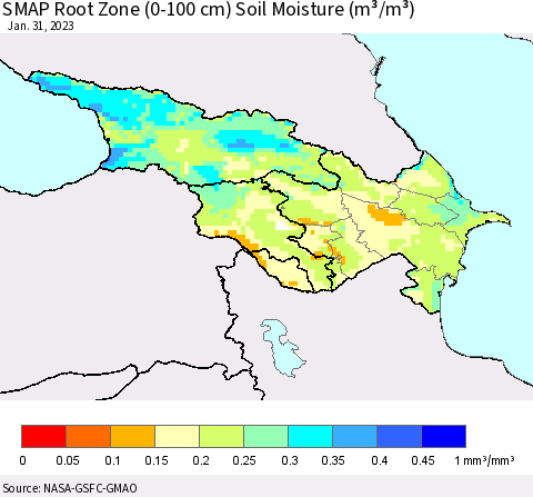 Azerbaijan, Armenia and Georgia SMAP Root Zone (0-100 cm) Soil Moisture (m³/m³) Thematic Map For 1/26/2023 - 1/31/2023