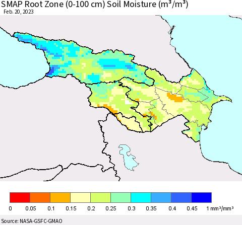 Azerbaijan, Armenia and Georgia SMAP Root Zone (0-100 cm) Soil Moisture (m³/m³) Thematic Map For 2/16/2023 - 2/20/2023