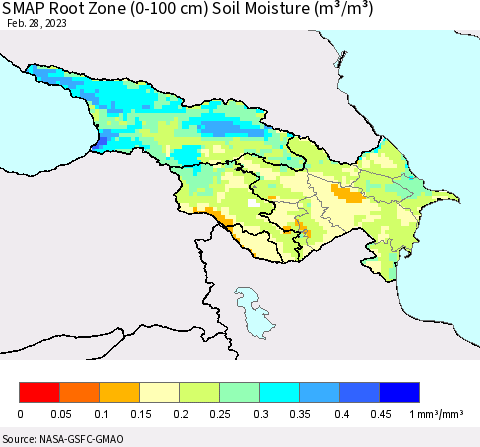 Azerbaijan, Armenia and Georgia SMAP Root Zone (0-100 cm) Soil Moisture (m³/m³) Thematic Map For 2/26/2023 - 2/28/2023