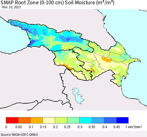 Azerbaijan, Armenia and Georgia SMAP Root Zone (0-100 cm) Soil Moisture (m³/m³) Thematic Map For 3/6/2023 - 3/10/2023