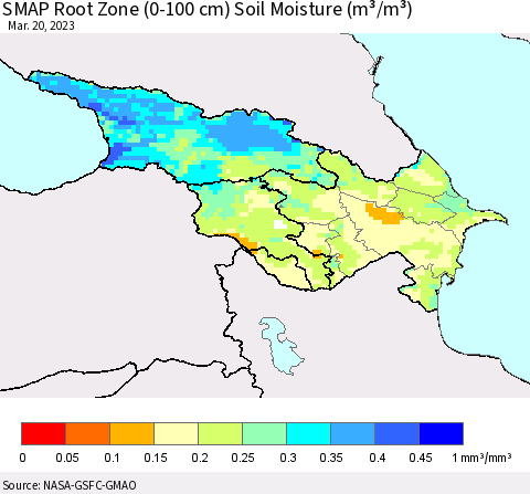 Azerbaijan, Armenia and Georgia SMAP Root Zone (0-100 cm) Soil Moisture (m³/m³) Thematic Map For 3/16/2023 - 3/20/2023