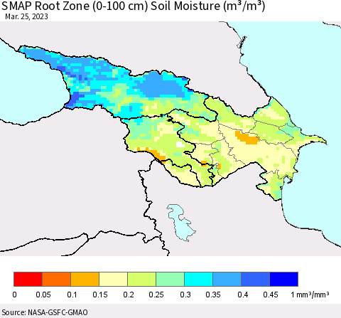 Azerbaijan, Armenia and Georgia SMAP Root Zone (0-100 cm) Soil Moisture (m³/m³) Thematic Map For 3/21/2023 - 3/25/2023