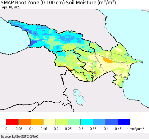 Azerbaijan, Armenia and Georgia SMAP Root Zone (0-100 cm) Soil Moisture (m³/m³) Thematic Map For 4/6/2023 - 4/10/2023
