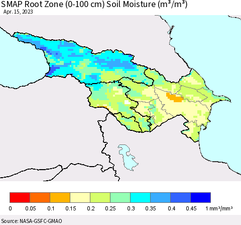 Azerbaijan, Armenia and Georgia SMAP Root Zone (0-100 cm) Soil Moisture (m³/m³) Thematic Map For 4/11/2023 - 4/15/2023