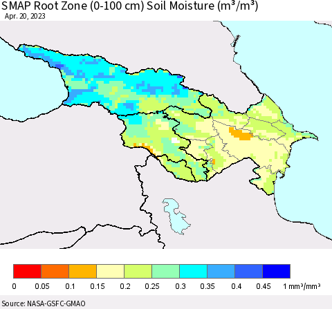 Azerbaijan, Armenia and Georgia SMAP Root Zone (0-100 cm) Soil Moisture (m³/m³) Thematic Map For 4/16/2023 - 4/20/2023