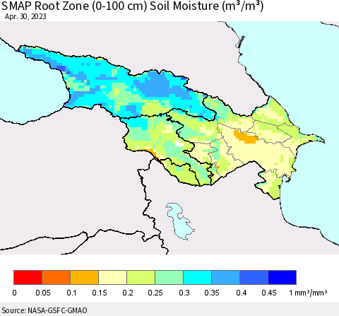 Azerbaijan, Armenia and Georgia SMAP Root Zone (0-100 cm) Soil Moisture (m³/m³) Thematic Map For 4/26/2023 - 4/30/2023