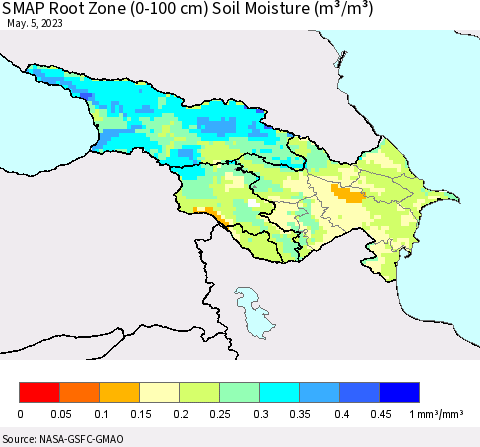 Azerbaijan, Armenia and Georgia SMAP Root Zone (0-100 cm) Soil Moisture (m³/m³) Thematic Map For 5/1/2023 - 5/5/2023
