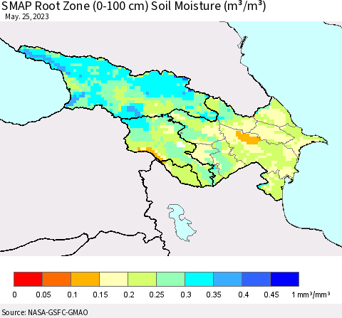 Azerbaijan, Armenia and Georgia SMAP Root Zone (0-100 cm) Soil Moisture (m³/m³) Thematic Map For 5/21/2023 - 5/25/2023