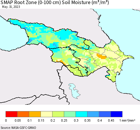 Azerbaijan, Armenia and Georgia SMAP Root Zone (0-100 cm) Soil Moisture (m³/m³) Thematic Map For 5/26/2023 - 5/31/2023
