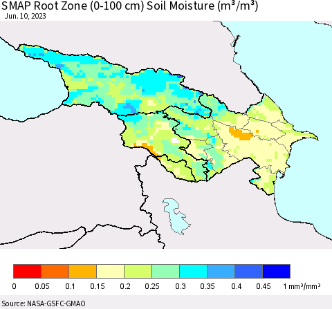 Azerbaijan, Armenia and Georgia SMAP Root Zone (0-100 cm) Soil Moisture (m³/m³) Thematic Map For 6/6/2023 - 6/10/2023