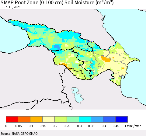 Azerbaijan, Armenia and Georgia SMAP Root Zone (0-100 cm) Soil Moisture (m³/m³) Thematic Map For 6/11/2023 - 6/15/2023