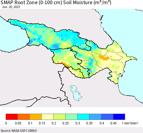 Azerbaijan, Armenia and Georgia SMAP Root Zone (0-100 cm) Soil Moisture (m³/m³) Thematic Map For 6/16/2023 - 6/20/2023