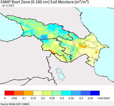 Azerbaijan, Armenia and Georgia SMAP Root Zone (0-100 cm) Soil Moisture (m³/m³) Thematic Map For 7/1/2023 - 7/5/2023