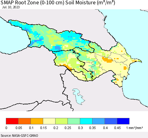 Azerbaijan, Armenia and Georgia SMAP Root Zone (0-100 cm) Soil Moisture (m³/m³) Thematic Map For 7/6/2023 - 7/10/2023