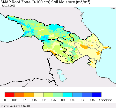 Azerbaijan, Armenia and Georgia SMAP Root Zone (0-100 cm) Soil Moisture (m³/m³) Thematic Map For 7/11/2023 - 7/15/2023
