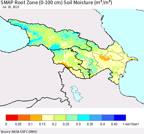 Azerbaijan, Armenia and Georgia SMAP Root Zone (0-100 cm) Soil Moisture (m³/m³) Thematic Map For 7/16/2023 - 7/20/2023